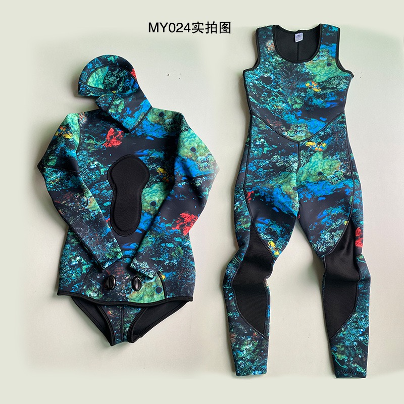 3mm camo two-piece hooded free diving and snorkeling suit 