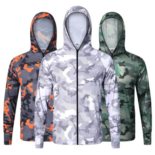 Camouflage hooded long sleeved sun protection fishing shirt